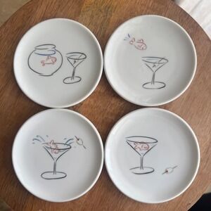 Pottery Barn Fish Martini Mini Appetizer Olive Plates Set of 4 White Porcelain